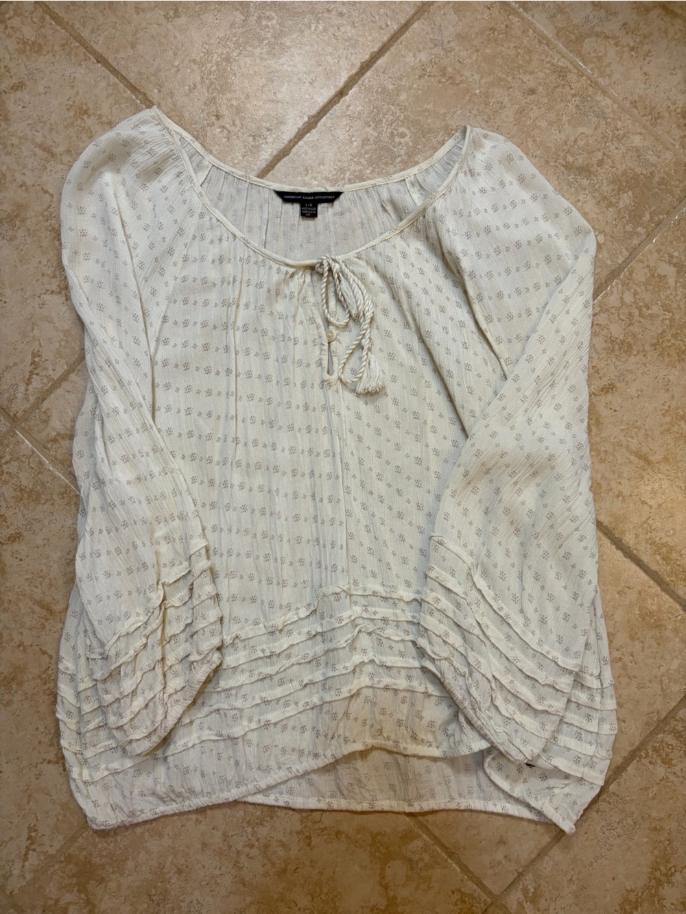 Lightweight Cream Peasant Blouse with Tassel Tie